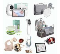 Newborn Baby Essentials Set of 10 Pieces, Unisex Newborn Starter Kit and Must Have for Registration, Includes Baby Monitor, Feeding Kit, Diaper Bag, Handprint Set, Pacifier