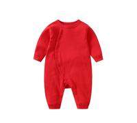 Newborn Baby Fall Winter Sleepsuit Cotton Button Down Jumpsuits Infant Girls Boys First Birthday Outfit Long Sleeve Crew Neck Bodysuit Plain Footless Romper (Red, 0-3 Months)