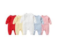 Newborn Baby First Birthday Outfit Plain Grows Baby Girls Boys Cotton Sleepsuits Long Sleeve Bodysuit Button Up Crew Neck Jumpsuit Solid Color (Pink, 6-9 Months)