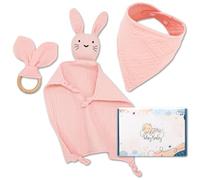Newborn Baby Gift Set - Comforter Blanket Teething Ring and Soft Bandana Cute and Practical Baby Shower Present for Boys and Girls Ideal for Newborns and Infants Pink