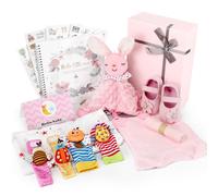 Newborn Baby Gifts-Newborn Essentials, Pink Keepsake Box with Hello Little One Milestone Memory Book, Pink Rabbit Rattle, Booties, Greeting Cards, Baby Onesies Baby Girl Gifts Newborn Set