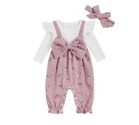 Newborn Baby Girl Bodysuit Long Sleeve Full Length Jumpsuit Floral Print Fake Two Pieces Patchwork Bow Romper Infant Girls One-Piece Outfits and Headband (Pink, 6-9 Months)