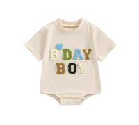Newborn Baby Girl Boy 1st Birthday Romper Casual Letter One Embroidery Short Sleeve Romper Jumpsuit Shirt for Summer (Beige, 12-18 Months)