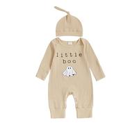 Newborn Baby Girl Boy Halloween Outfit Baby Boys Long Sleeve Pumpkin/Ghost Romper Zipper Jumpsuit Long Sleeve Crewneck Ghost Pumpkin Print Romper (Apricot Boo, 0-3 Months)