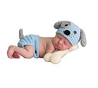 Newborn Baby Girl Boy Photo Props Outfits Crochet Knitted Blue Dog Hat Shorts with Bone Set for Boys Girls Photography Shoot (0-6 Months)