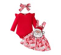 Newborn Baby Girl Christmas Outfit Clothes Gingerbread Man Santa Claus Romper Suspender Skirt Headband Set 3PCS Girls Xmas Dress Set (Red, 6-9 Months)