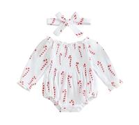 Newborn Baby Girl Christmas Outfit Long Sleeve Smocked Romper Candy Cane Print Puff Sleeve My First Christmas Baby Grow One Piece Outfit Christmas Clothes (White Red, 3-6 Months)