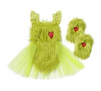 Newborn Baby Girl Christmas Outfits Sleeveless Green Furry Romper Tutu Dress W/Leg Warmers Cute Xmas Party Dress Up Set First Birthday Cake Smash Photoshoot Clothes Sage Green 18-24 Months