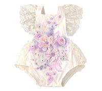 Newborn Baby Girl Clothes Boho Lace Romper Dress Ruffle Embroidered Bodysuits Backless One Piece Jumpsuit 1st Birthday Cake Smash Photoshoot Outfit Apricot+light purple flower 12-18 Months