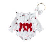 Newborn Baby Girl Clothes Daisy/Cherry Smocked Bubble Romper Ruffle Long Sleeve Bodysuit with Bow Cute Infant One Piece Jumpsuit Welcome Home Cake Smash Photo Shoot (White, 0-3 Months)