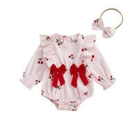 Newborn Baby Girl Clothes Daisy/Cherry Smocked Bubble Romper Ruffle Long Sleeve Bodysuit with Bow Cute Infant One Piece Jumpsuit Welcome Home Cake Smash Photo Shoot (Pink, 0-3 Months)
