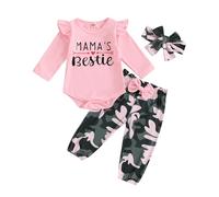 Newborn Baby Girl Clothes Long Sleeve Letter Printed Romper Camouflage Bow Trouser Set Hair Band Infant 3Pcs Outfit Fall (Pink, 6-12 Months)
