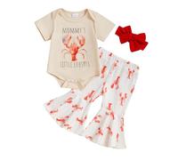 Newborn Baby Girl Clothes Set Mommy's Little Lobster Romper Crawfish Flare Pant Bell Bottom Headband Set 3 Piece Summer Outfit (Khaki, 3-6 Months)