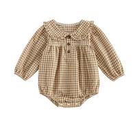 Newborn Baby Girl Fall Outfits Gingham Long Sleeve Button Bubble Romper | Infant Girl Plaid Doll Collar Button Front Jumpsuit, Cute Puff Sleeve Fall Winter Clothes, 0 6 9 12 8 months