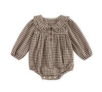 Newborn Baby Girl Fall Outfits Gingham Long Sleeve Button Bubble Romper | Infant Girl Plaid Doll Collar Button Front Jumpsuit, Cute Puff Sleeve Fall Winter Clothes, 0 6 9 12 8 months