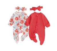 Newborn Baby Girl Footie Pyjamas 2 Pack Ruffled Zip Up Long Sleeve Romper Suits Headband One Piece Outfit Autumn Winter Clothes for Babies (Red 2PCS Sets, 0-3 Months)
