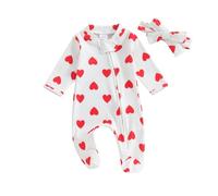 Newborn Baby Girl Footie Romper Heart Print Long Sleeve Grow Crewneck Ruffle Zipper Jumpsuit Pajamas + Headband 2pcs Valentine’s Day Outfit Set Baby Clothes (White, Newborn)