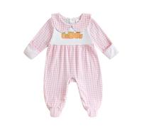 Newborn Baby Girl Halloween Baby Grow with Mittens and Feet Pumpkin Print Peter Pan Collar Long Sleeve Footies Romper My First Halloween Outfit (Gingham Pink, 0-3 Months)
