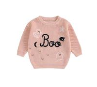 Newborn Baby Girl Halloween Outfit Baby Halloween Sweaters Long Sleeve Round Neck Ghost/Skull Embroidery Knit Tops Toddler Sweatshirts (Pink Boo, 2-3 Years)