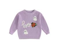 Newborn Baby Girl Halloween Outfit Baby Halloween Sweaters Long Sleeve Round Neck Ghost/Skull Embroidery Knit Tops Toddler Sweatshirts (Purple, 6-9 Months)