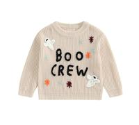 Newborn Baby Girl Halloween Outfit Baby Halloween Sweaters Long Sleeve Round Neck Ghost/Skull Embroidery Knit Tops Toddler Sweatshirts (Khaki Boo, 9-12 Months)