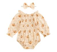 Newborn Baby Girl Halloween Outfit Ruffle Long Sleeve Pumpkin Romper Ruched Bodysuit With Headband Set Cute Fall Clothes (Beige 02, 0-3 Months)
