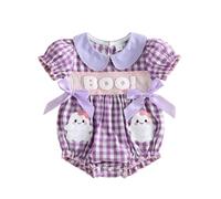 Newborn Baby Girl Halloween Outfit Smocked Short Sleeve Bubble Romper | My First Halloween Baby Girl Outfit, Peter-Pan Collar Pumpkin Embroidered Bodysuit, Infant Fall Pumpkin Patch Outfit
