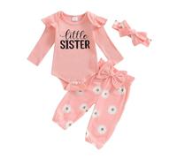 Newborn Baby Girl Little Sister Outfits Ruffle Long Sleeve Romper + Daisy Pants + Headband Sets 3PCS Infant Clothes Fall Winter Baby Girl Clothing (Pink, 6-9 Months)