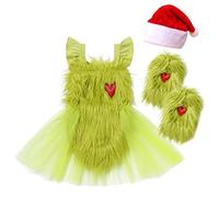 Newborn Baby Girl My First Christmas Outfits Sleeveless Green Furry Romper Dress Leg Warmers Santa Claus Hat XmasOnesie Jumpsuit Dress Up Cake Smash Photoshoot Set Sage Green+Hat 6-12 Months