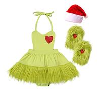 Newborn Baby Girl My First Christmas Outfits Sleeveless Green Furry Romper Dress W/Leg Warmers Santa Claus Hat Xmas Party Dress Up Cake Smash Photoshoot Set Sage Green Halter+Hat 0-6 Months