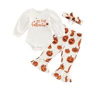 Newborn Baby Girl My First Halloween Outfit Long Sleeve Bodysuit Romper Grow Top Shirt + Pumpkin Flared Trousers + Headband Baby Girl Halloween Clothes Set (A, 3-6 Months)