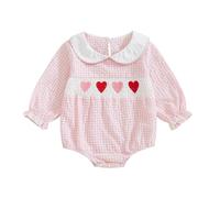 Newborn Baby Girl My First Valentines Outfit Long Sleeve Smocked Heart Embroidery Plaid Bubble Romper (A-Pink, 0-3 Months)