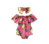 Newborn Baby Girl Off Shoulder Romper Pineapple Flower Short Sleeve Bodysuit Tassel Headband Set Summer Clothes (Pink, 0-6 Months)