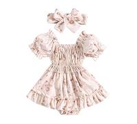 Newborn Baby Girl Romper Dress Puff Short Sleeve Ruched JUmpsuit Heanband Infant Summer Cute Clothes (A-Pink, 18-24 Months)