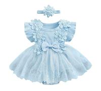 Newborn Baby Girl Romper Dress Short Sleeve Mesh Tutu Dress Baby Girls Lace Mesh Dress Jumpsuits with Headband Cute Fashion Summer Clothes (Blue, 0-3 Months)