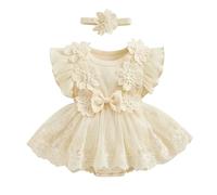 Newborn Baby Girl Romper Dress Short Sleeve Mesh Tutu Dress Baby Girls Lace Mesh Dress Jumpsuits with Headband Cute Fashion Summer Clothes (Apricot, 0-3 Months)