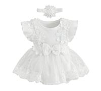 Newborn Baby Girl Romper Dress Short Sleeve Mesh Tutu Dress Baby Girls Lace Mesh Dress Jumpsuits with Headband Cute Fashion Summer Clothes (White, 12-18 Months)