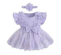 Newborn Baby Girl Romper Dress Short Sleeve Mesh Tutu Dress Baby Girls Lace Mesh Dress Jumpsuits with Headband Cute Fashion Summer Clothes (Purple, 0-3 Months)