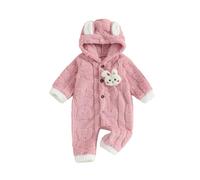 Newborn Baby Girl Romper Long Sleeve Button or Zipper Hooded Jumpsuit Cute Cartoon Bunny Snowsuit Fluffy Flannel Overalls Girls Winter Clothes (Pink, 3-6 Months)