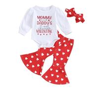 Newborn Baby Girl Valentines Outfit Letter Print Long Sleeve Romper Heart Print Flare Pants Set Headband Cute My First Valentines Day Baby Girl Outfit (White Red, 12-18 Months)