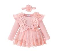 Newborn Baby Girls Dress 2PCS Clothes Set Ruffled Trim Bow Flower Butterfly Lace Patchwork Long Sleeve Romper Bodysuits with Headband Spring Fall Outfits