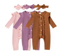 Newborn Baby Girls Ruffle Sleepsuits with Bowknot Headband Infant Long Sleeve Outfit Plain Footless Jumpsuit Crew Neck Striped Bodysuit Solid Color (Pink, 0-3 Months)