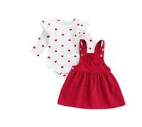 Newborn Baby Girls Valentine's Day Outfits Heart Print Ribbed Romper Tops Suspender Skirt Sets Fall Winter Clothes (A Red, 3-6 Months)