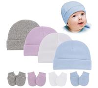 Newborn Baby Hat and Mittens Set - 4 Pair Soft Cotton Anti Scratch Mittens and 4pcs Infant Hospital Hats for 0-3 Months Baby Girls Boys