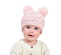 Newborn Baby Hats Mittens Set 0-3 Months Baby Knitted Wool Hat Baby Autumn Winter Children Double Pom Pom Hat Solid Color Jacquard Warm Wool Hat for Children Baby Hat Cotton Lined Pink