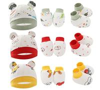 Newborn Baby Hats Mittens Socks Set 3 Pairs Infant Caps & Foot Covers Hospital Hat Beanie Infant Bow Hats Baby Cotton Gloves No Scratch Mittens for 0-6 Months Newborn Essentials Accessories