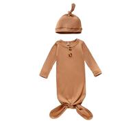 Newborn Baby Knotted Gown, Soft Silky Infant Sleeper, Baby Girl Sleep Gown with Mittens, and Hat Set Soft Viscose Infant Sleeper Baby Sleep Gown With Mittens Easter for Baby Boy (Coffee, 80)