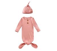 Newborn Baby Knotted Gown, Soft Silky Infant Sleeper, Baby Girl Sleep Gown with Mittens, and Hat Set Soft Viscose Infant Sleeper Baby Sleep Gown With Mittens Easter for Baby Boy (Pink, 80)