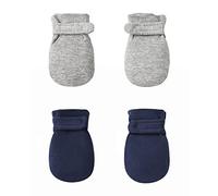 Newborn Baby No Scratch Mittens Stay On, 100% Cotton Breathable, Adjustable Infant Gloves for Baby Boys Girls Mittens, Navy/Gray, 0- 3 Months