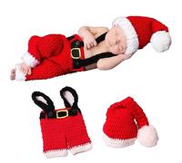 Newborn Baby Photography Props Santa Claus Outfits Handmade Crochet Knitted Christmas Costume for Baby Christmas Cap Hat and Suspender Trousers